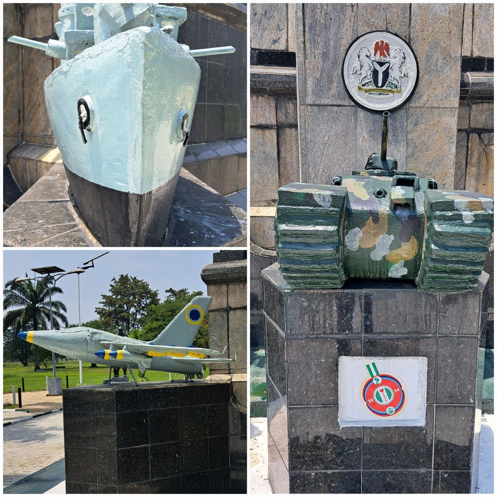 Caption: A collage photo of three different statues of A military aircraft ,A naval ship,and an armoured tank. This is in significance of the three arms of the Nigerian military. A monument in memorial of the fallen Nigerian military heros. Taken at the Isaac Boro monumental park. @SholaIB