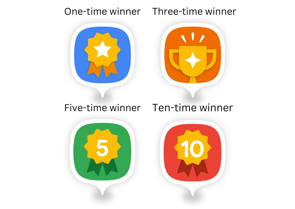 Caption: An illustration showing the four Connect challenge badges: for winning one challenge (top left), three challenges (top right), five challenges (bottom left), and ten challenges (bottom right).