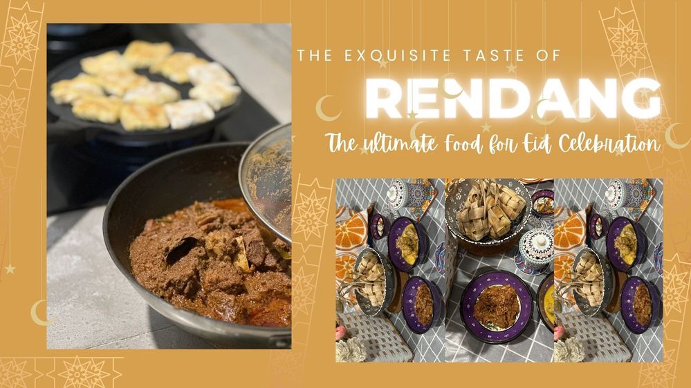 Collage of photos of Rendang with the title  the exquistte taste of rendang, the ultimated food for Eid celebration, prepared by LG @indahnuria
