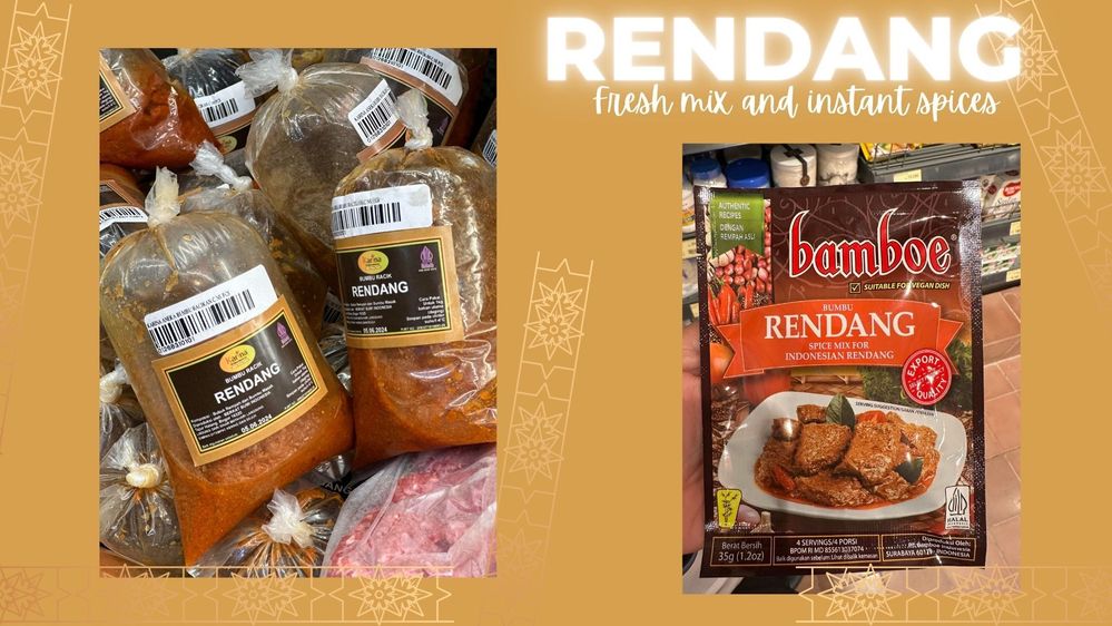 Collage of photos of fresh mixed herbs and spices as well as the instant Rendang spices