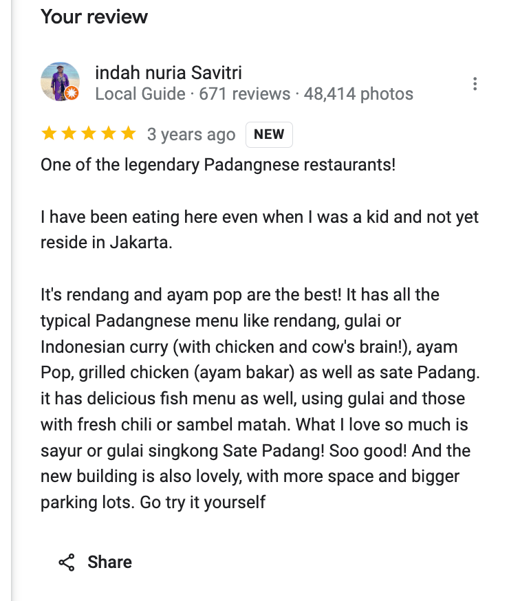 screen capture of the review of Sederhana restaurant, Rawamangun, East Jakarta, by LG  @indahnuria
