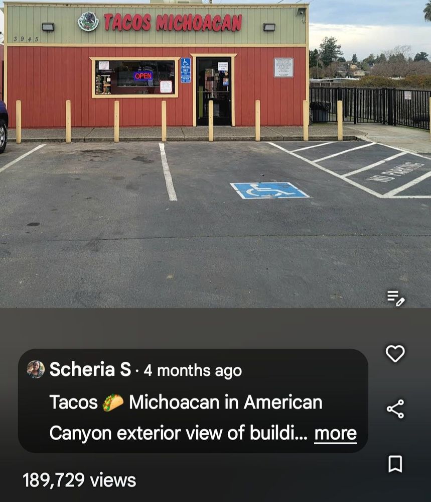 Caption: @Scheria's Star Photo of Tacos Michoacan uploaded onto Google Maps on 2023-12-07 and showing star views of 189,729 as at 2024-04-28