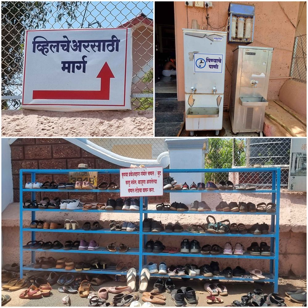 #9  In these photographs showing the wheelchair-accessible route board, cooler water for drinking, and shoes stand available for free outside the temple.