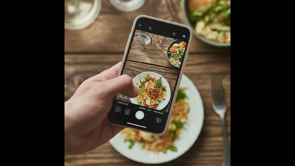 Caption: An image showing a person using a smartphone to video of a plate of food.