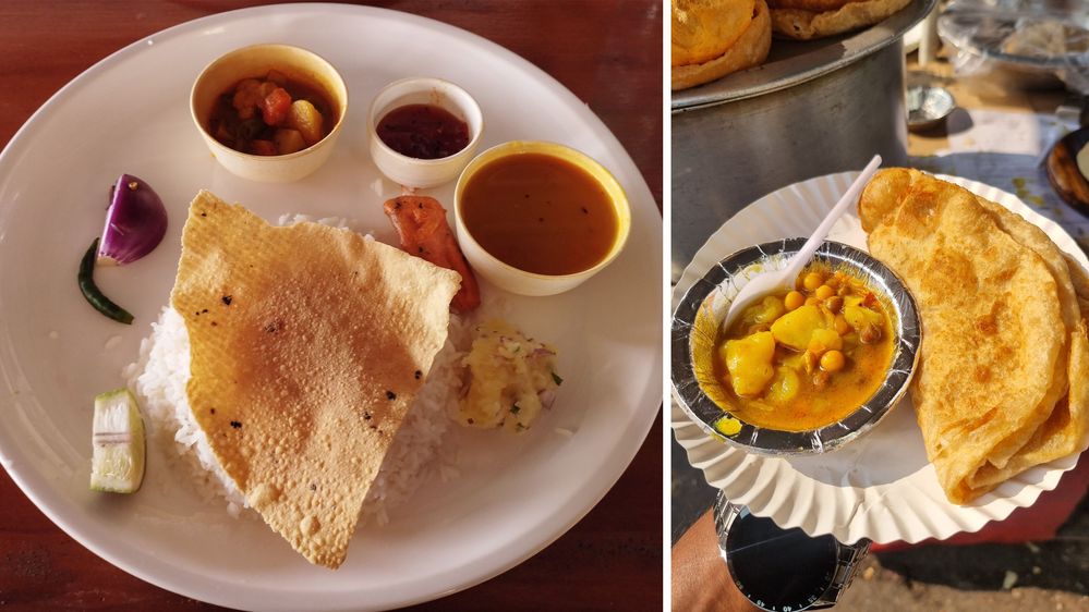 A collage of two photos taken by Local Guide @KhokonSharker, and Connect Moderator @ShafiulB, showing Veg Thali (left) and Luchi with Aloo Dum (right)