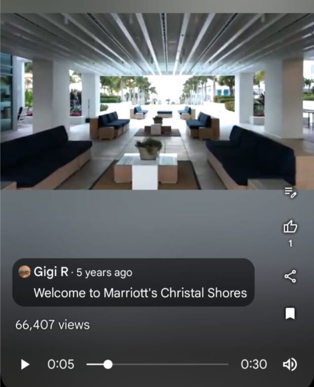 Caption: Star video by @GigiR of Marriott's Christal Shores uploaded onto Google Maps on 2019-04-04 and showing star views of 66,407 as at 2024-05-12