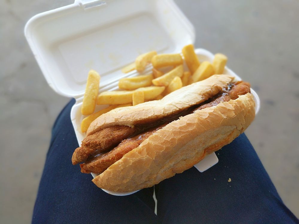 A chicken gravy roll with chips. Usual takeaway food.
