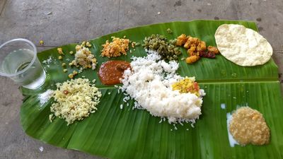 Traditional south indian veg food served on a banana leaf!