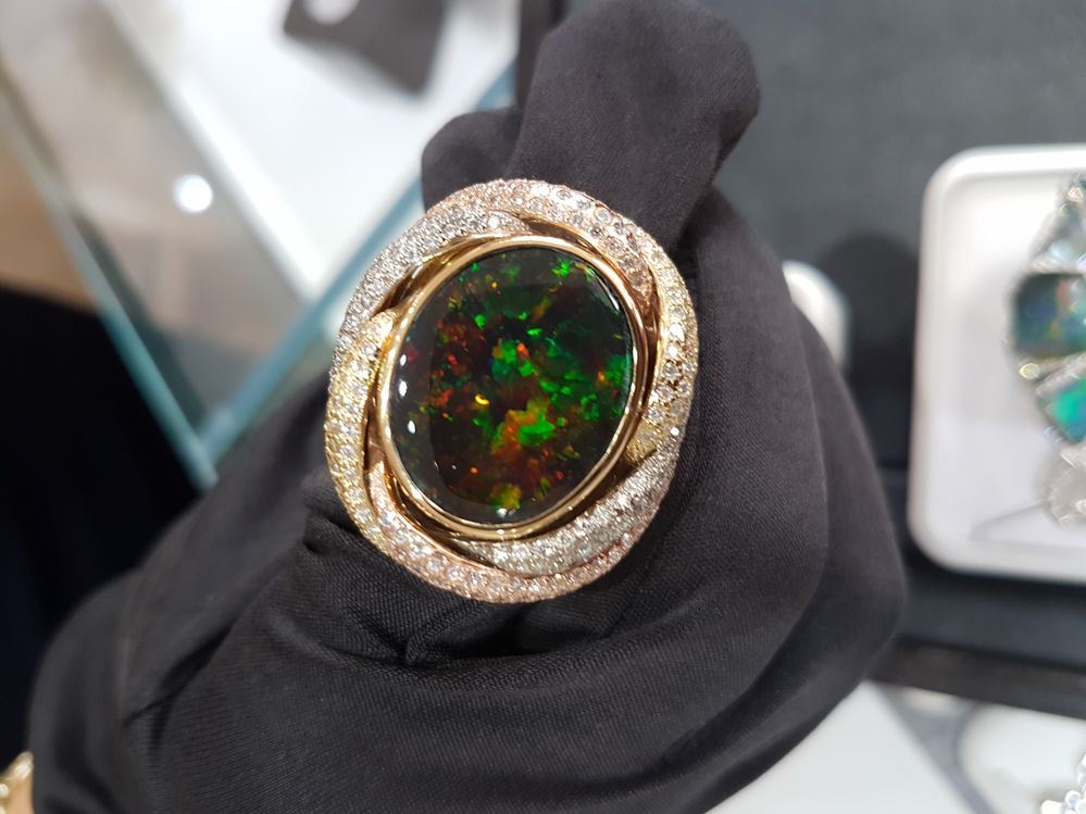 Black Opal diamond encrusted white and yellow gold ring
