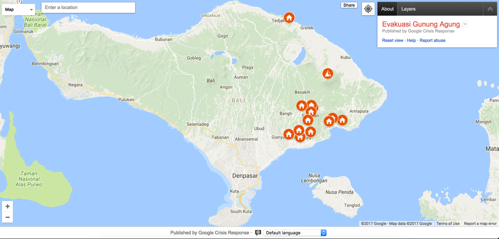 Peta MyMaps Lokasi Pengungsian Erupsi Gunung Agung