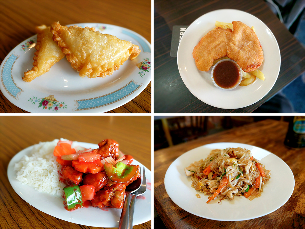 From TL to BR: Unusually large curry puffs, a chicken schnitzel shaped like Australia (minus Tasmania), some sweet and sour pork with rice, and some nice delicious chicken pad thai.
