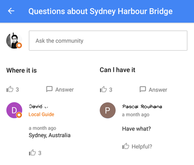 Caption: The 'top' questions marked 'Helpful?' for the Sydney Harbour Bridge.