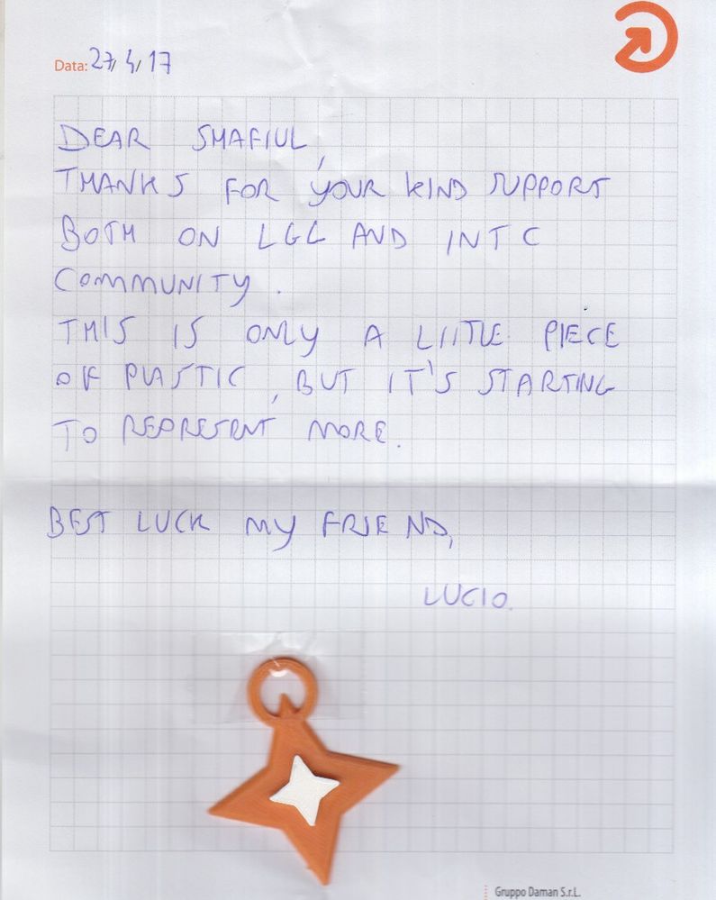 The letter from Lucio with a special friendship badge