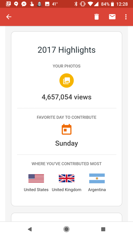 Screenshot of the bottom part of my email showing total views and countries where I contributed the most.