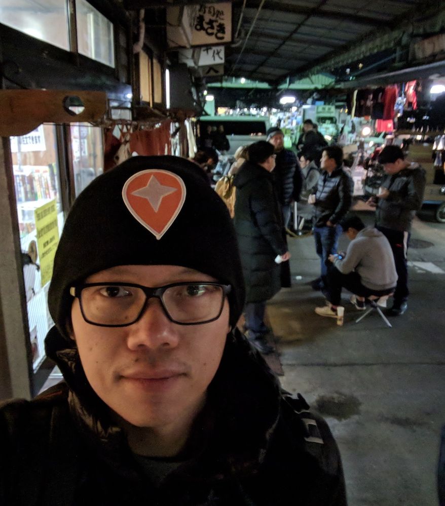 Dec 2017 - Tsukiji Fish Market at 5 a.m. during a 3-day layover in Tokyo on my way to Jakarta. People lined up in the early morning to eat fresh sushi, and I was one of them.