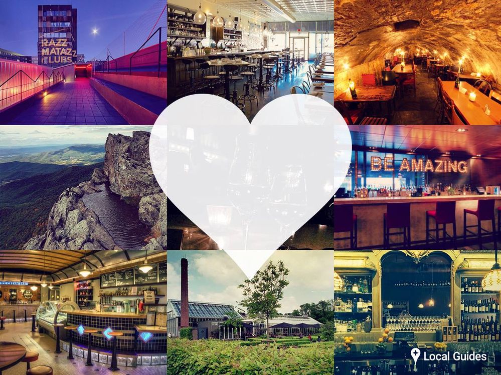 A collage of Local Guide photos featuring restaurants, bars, a greenhouse, a cityscape, and a gorgeous view from the top of a mountain, overlaid with a heart.