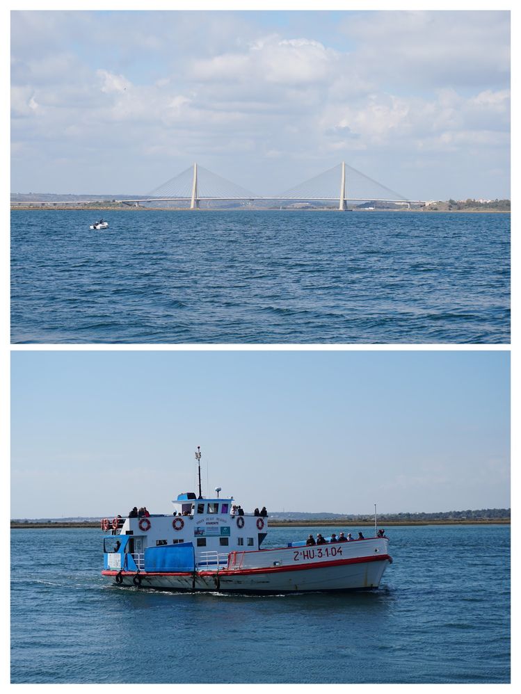 Caption: collage with 2 photos; the International Bridge over the Guadiana river and the Ferry that crossed it. Photos taken by LG @AlejandraMaría