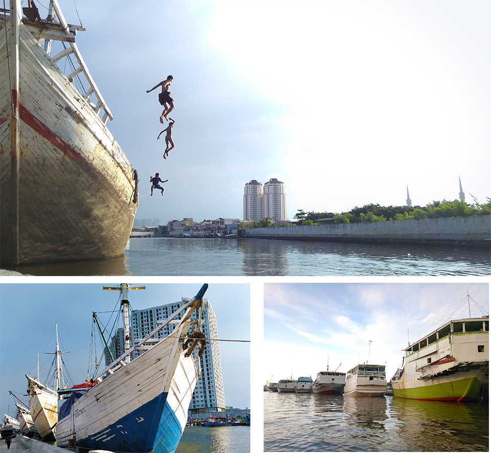 Three child jump from the top of "Phinisi" , Indonesia traditional wooden ship. We went to the Sunda Kelapa Harbour , a historic old harbour in Jakarta. You can see old wooden sailing ships. This harbour has been used for trade and transportation since hundreds of years ago. One of the the best spots to watch the sunset in Jakarta.