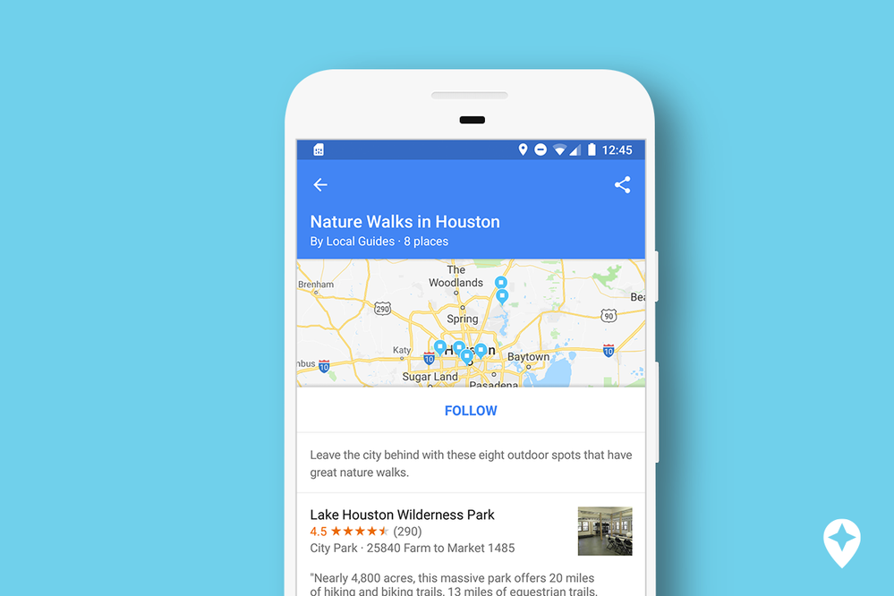 Caption: Screenshot of a Google Maps list titled “Nature Walks in Houston” on a bright blue background