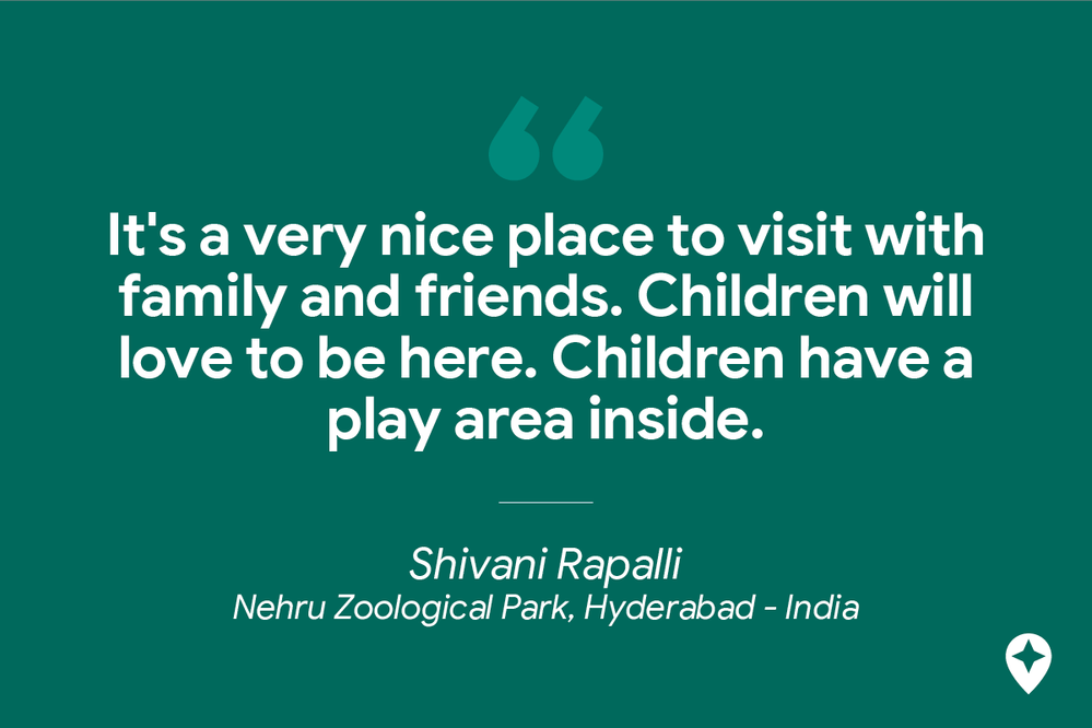 Caption: A review of Nehru Zoological Park in Hyderabad, India from Local Guide Shivani rapalli: “It's a very nice place to visit with family and friends. Children will love to be here. Children have a play area inside.”