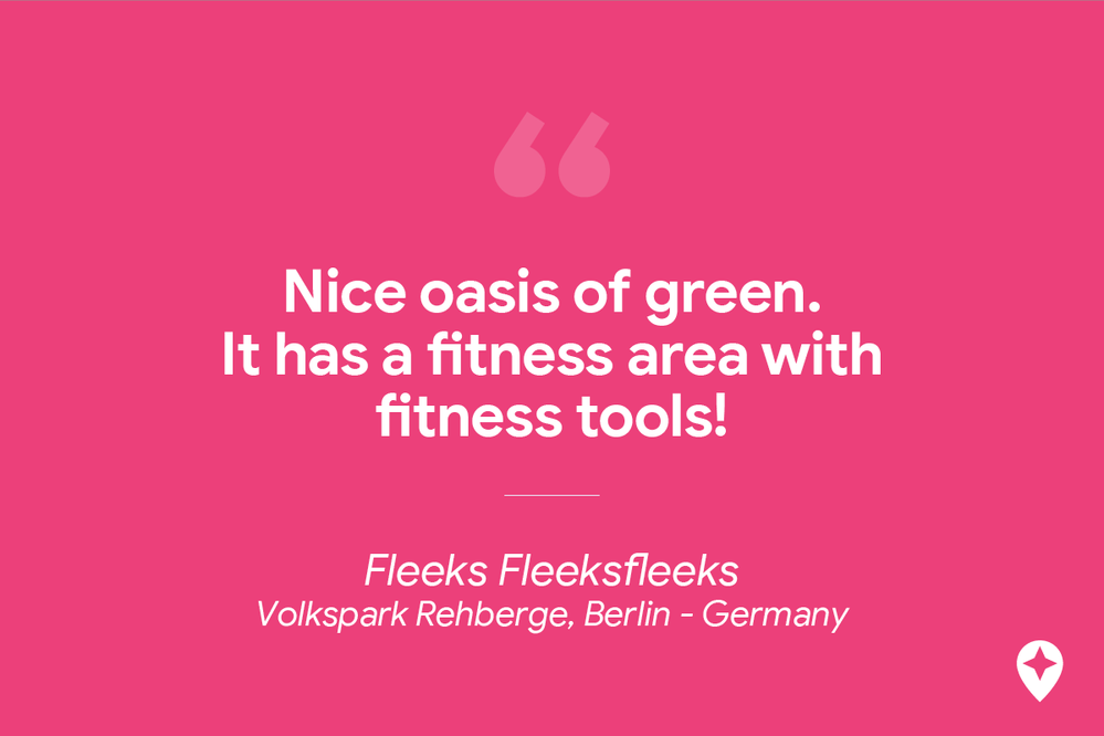 Caption: A review of Volkspark Rehberge in Berlin by Local Guide Fleeks Fleeksfleeks: “Nice oasis of green. It has a fitness area with fitness tools!”