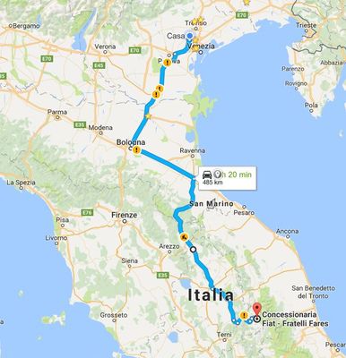 Caption: From Treviso to Norcia - A screenshot of Google Maps showing the road - Local Guide @ermest