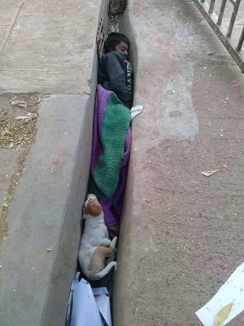 Home less child sleeping inside a  gap to stay warm.