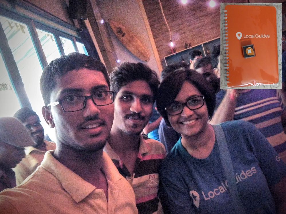 Caption: A selfie with Aradhna during Hyderabad's 1st Geo Walk     |    Above Right: Local Guides diary and badge (Thanks!)