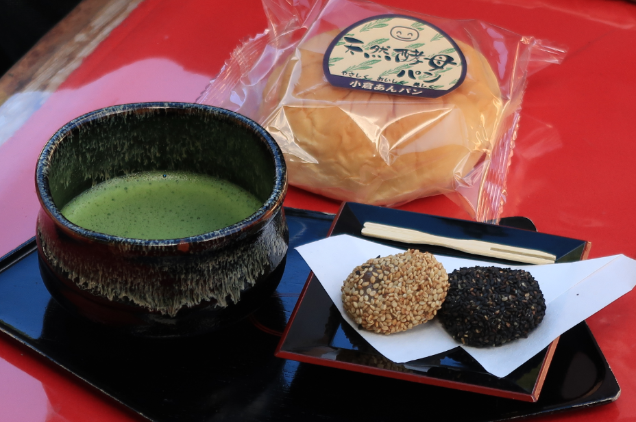 Mochi, Bread and Matcha Tea