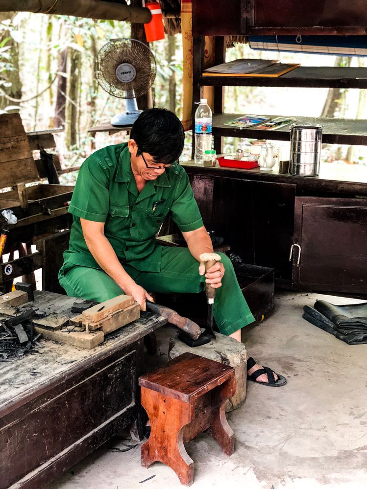 A demonstration of how the Viet Cong guerrillas made improvised footwear from leftover rubber tubes from destroyed US vehicles.