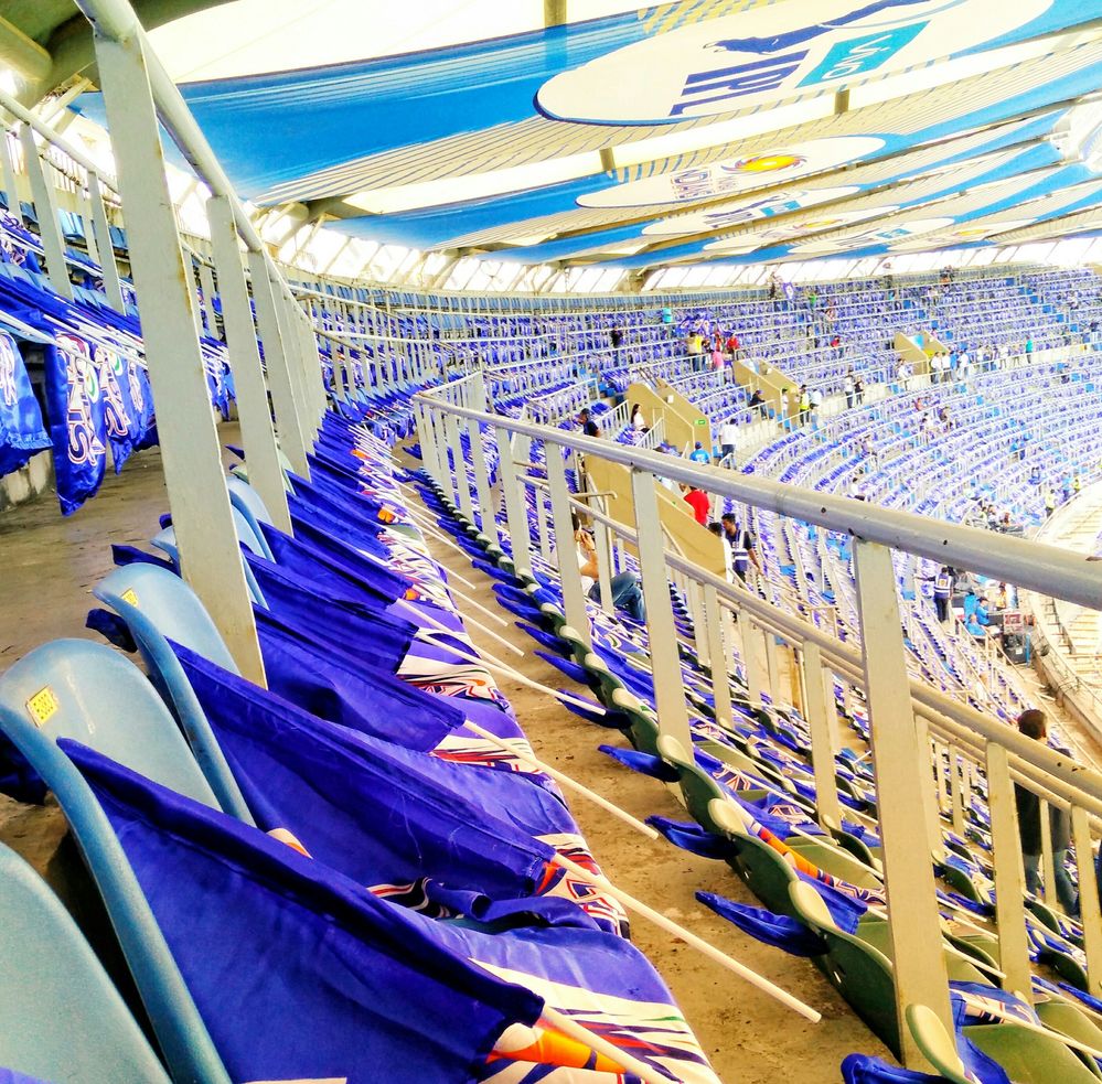 At a recent IPL cricket match in Wankhade stadium Mumbai, flags laid out for the Mumbai Indians fans.