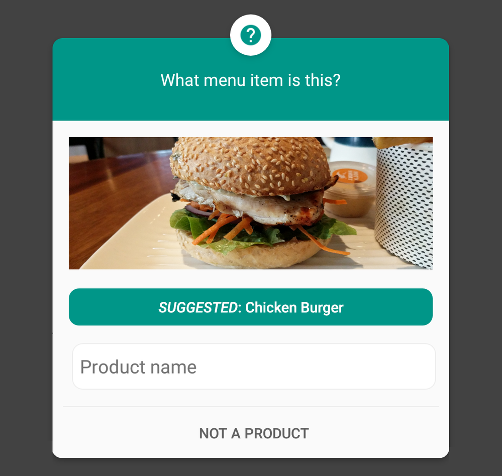 Caption: What image suggestions might look like, as the AI suggests the image contains a Chicken Burger.