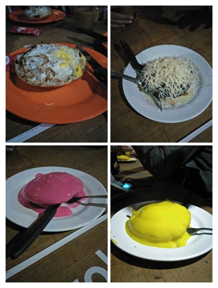 From top left to right then down, Surabi with sambel oncom and egg, surabi with cheese and chocolate, surabi with strawberry fla and the yellow is with durian fla.