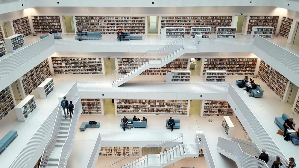 Caption: A photo of staircases and bookshelves in Public Library Stuttgart, Germany. (Local Guide Simone Kuzma)