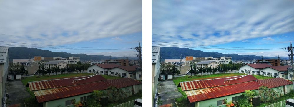 （左：元の写真、右：SnapSeedで修正した写真）　出張先の諏訪周辺で明け方の綺麗な絵面