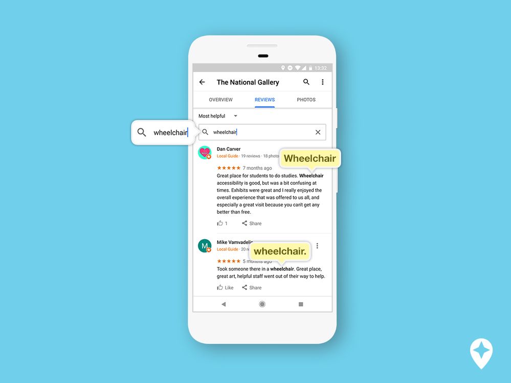 Caption: A screenshot of the new search feature in action searching for reviews on Google Maps for Android that contain the word “wheelchair.”