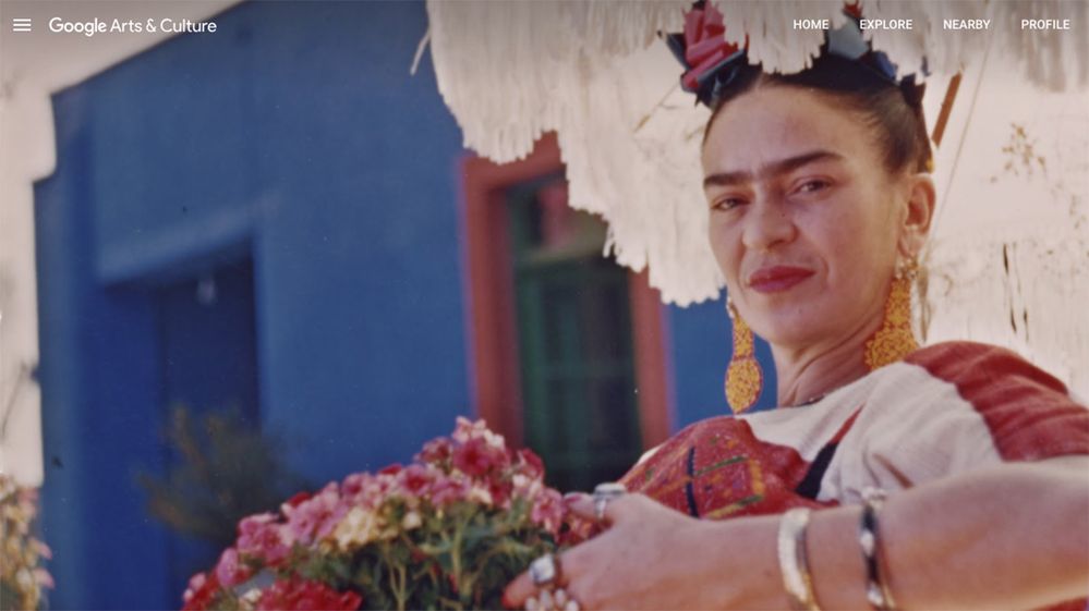 Caption: A screenshot of the Google Arts & Culture Faces of Frida tribute with a photo of Frida Kahlo sitting outdoors (Google Arts & Culture/Archives of American Art, Smithsonian Institution)