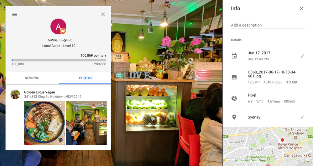 Caption: The offender's photo taken from my contributions, and the photo data from my Google Photos account. It may look like the photo changed owner when they uploaded their photo of food.