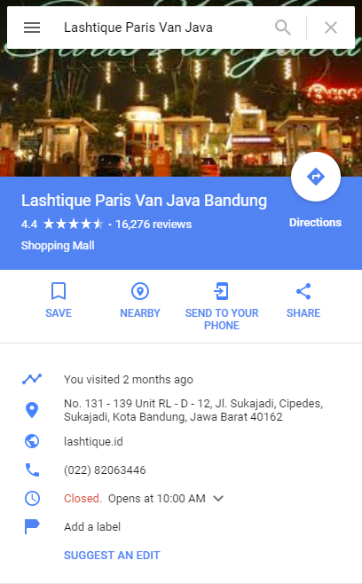 Pada gambar ini, landmark Paris Van Java (lihat jumlah Review) dibajak dan disisipi merek Lashtique. Nomor telepon, alamat, map marker dan website pun berubah.