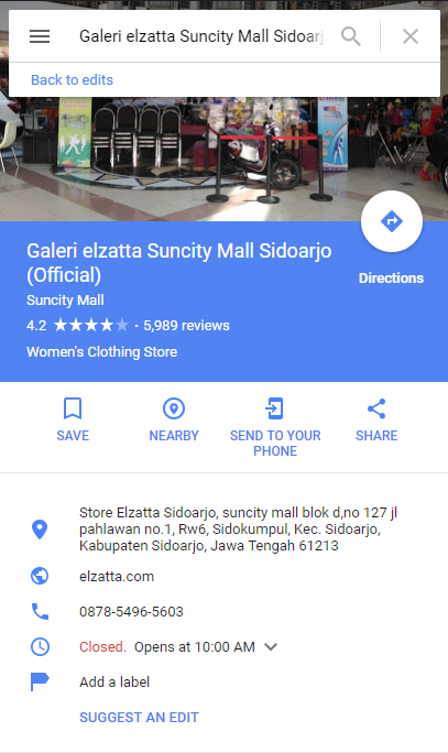 Begitu juga dengan Suncity Mall di Sidoarjo, dibajak dan disisipi merek Elzatta. Alamat, nomor telpon dan website pun berubah.