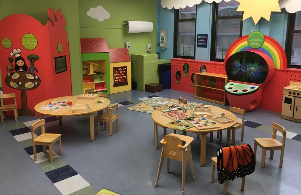 Caption: A photo of a room at the Children's Museum of Manhattan filled with tables, chairs, and games for kids. (Pegeman 1) Caption: A photo of a room at the Children's Museum of Manhattan filled with tables, chairs, and games for kids. (Pegeman 1)