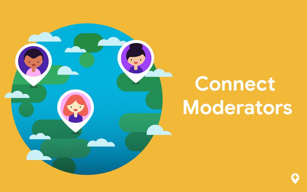 Caption: A graphic of the earth that shows people located in different areas next to the words "Connect Moderators."