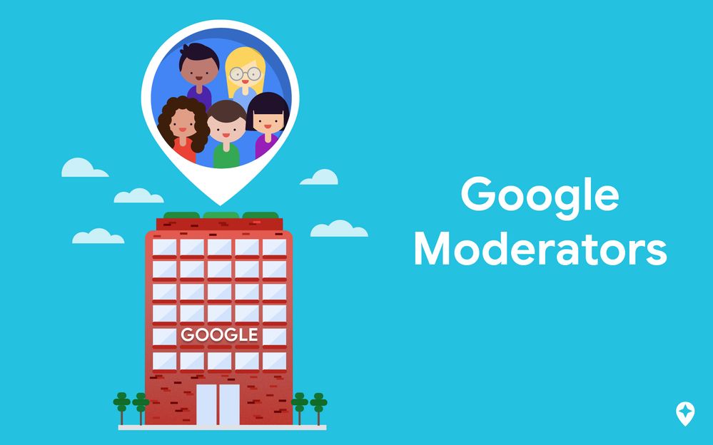 Caption: A graphic of a Google building with characters accompanied by the text "Google Moderators."