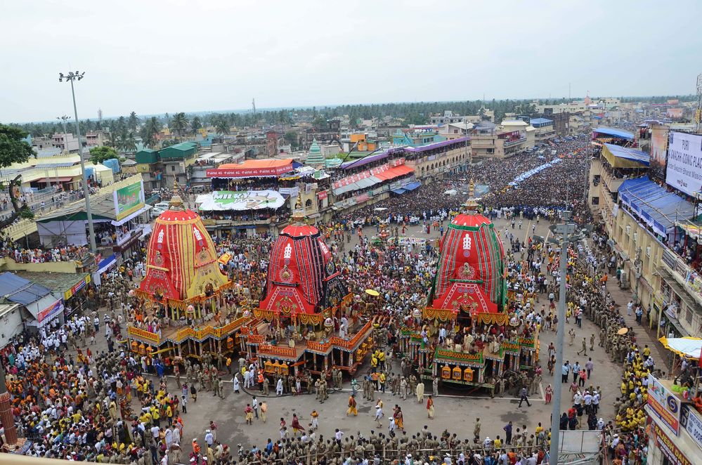 All three chariots of dieties ready to be pulled by devotees