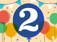 Caption: A graphic displaying the number two in alternating screens with celebratory decor including balloons, champagne, and candy.