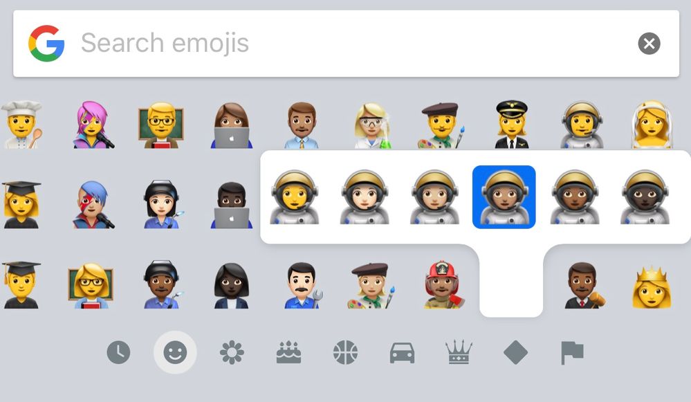 Caption: A screenshot of Gboard that shows the diversity of professional people emoji