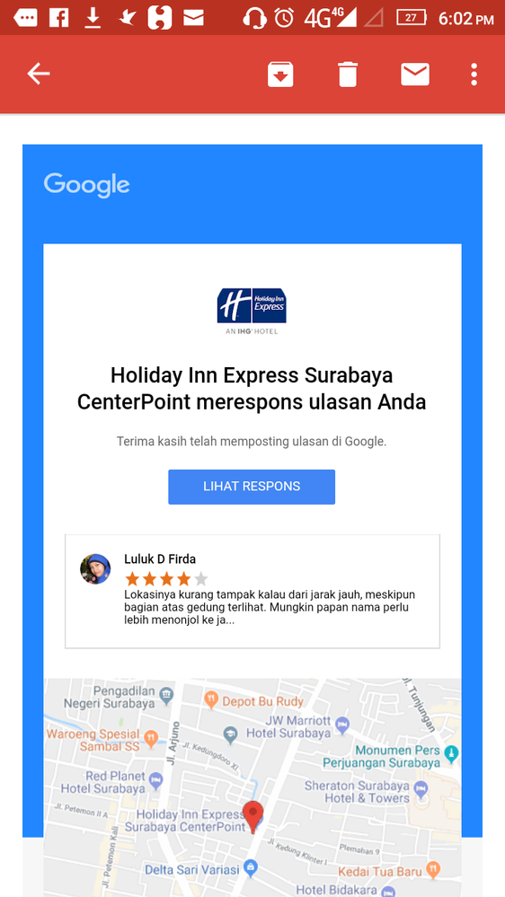 Response from a Hotel Manager (known from his signature) of Holiday Inn Express Surabaya CenterPoint.