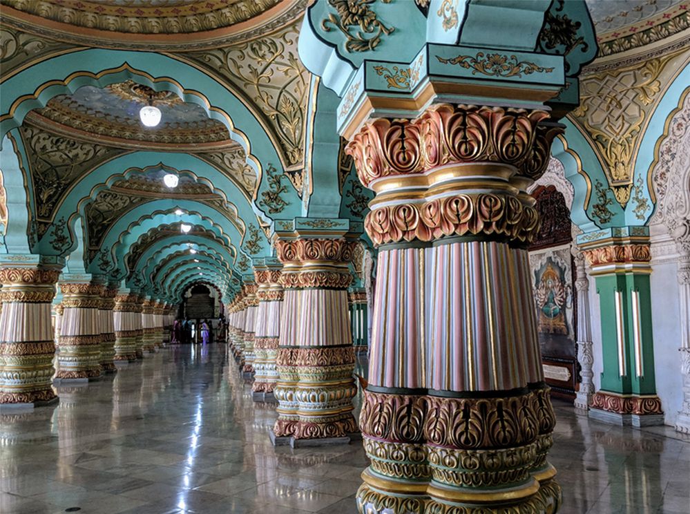 Caption: A closeup of decorative pillars in a hallway of Mysore Palace in Mysore, Karnataka, India. (Local Guide Aparna Priyadarshini)