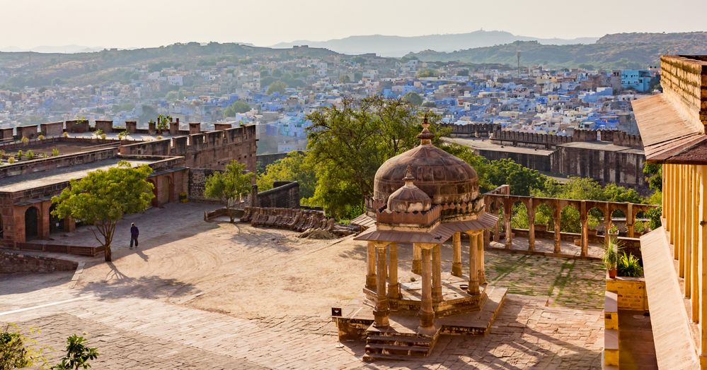 Caption: A photo of the exterior of Mehrangarh Fort and view of Jodhpur in Jodhpur, Rajasthan, India. (Local Guide Pankej Khanna)