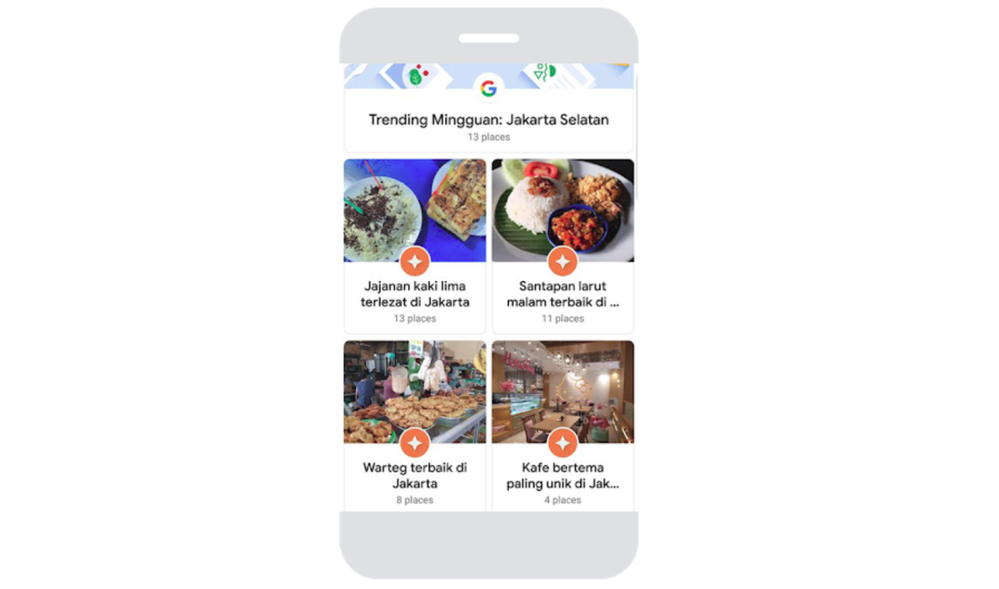 Caption: An image of the Explore tab on Google Maps showcasing foodie lists in Jakarta.